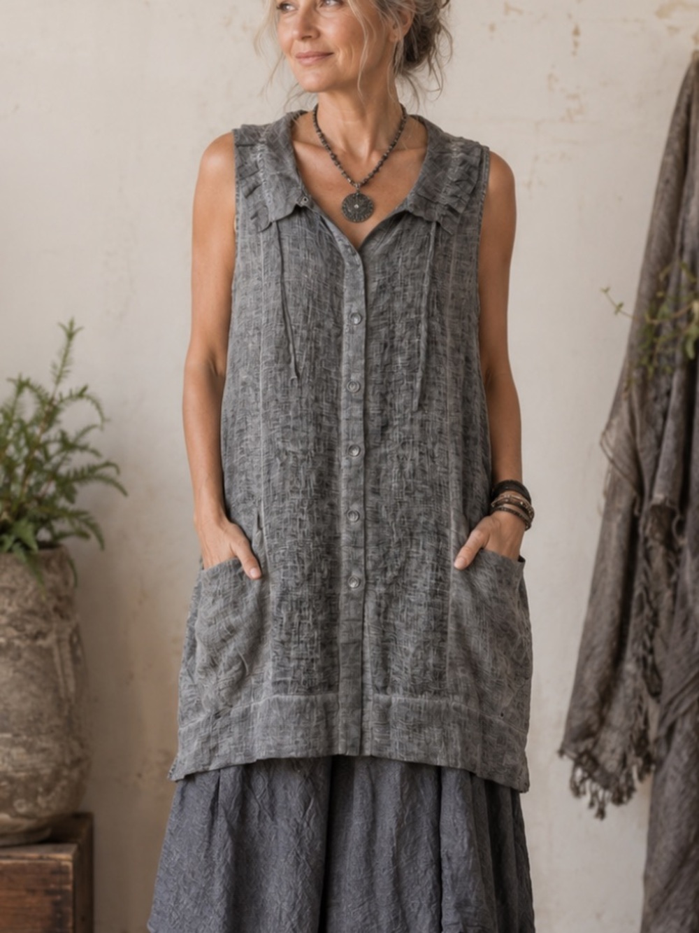Beau Jours Linen Button Down Sleeveless Tunic Tank